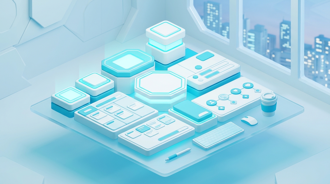 A conceptual 3D render of a digital productivity dashboard.