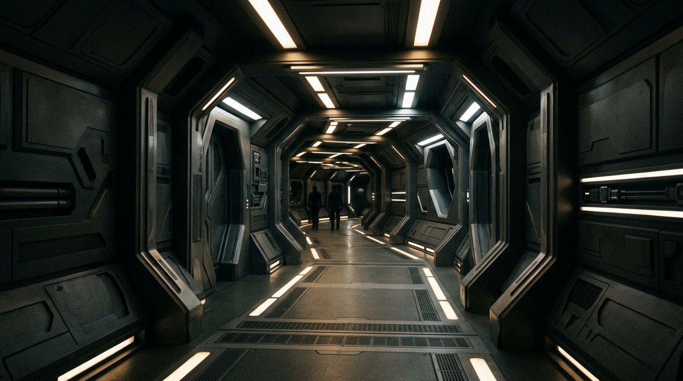 A minimalist, atmospheric hallway inside a futuristic spaceship