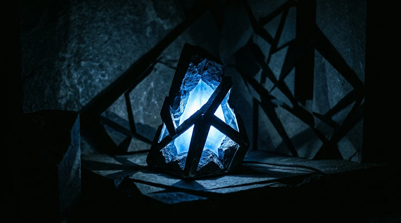 A glowing futuristic lamp in a dark room representing character introspection.