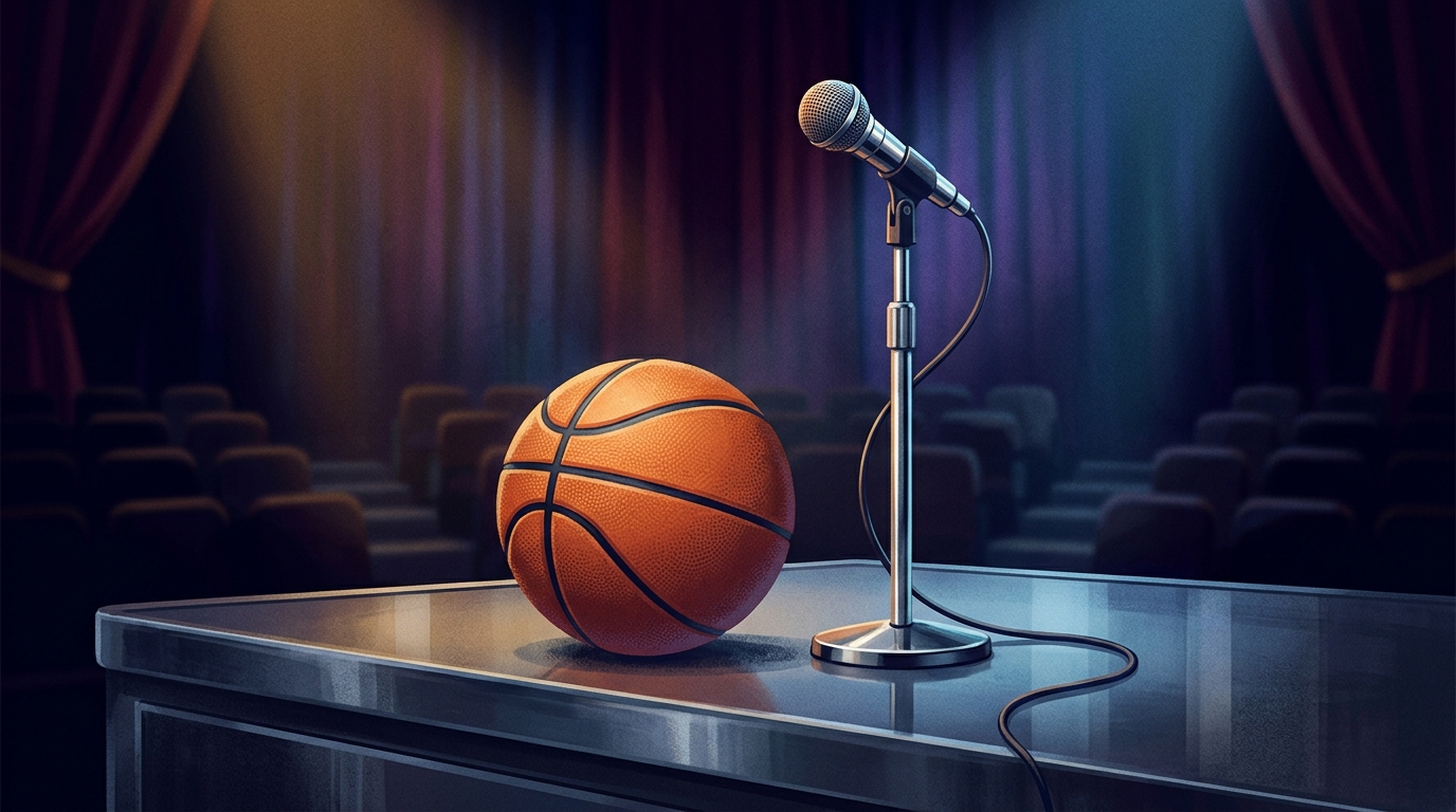 Conceptual basketball and microphone on a stage