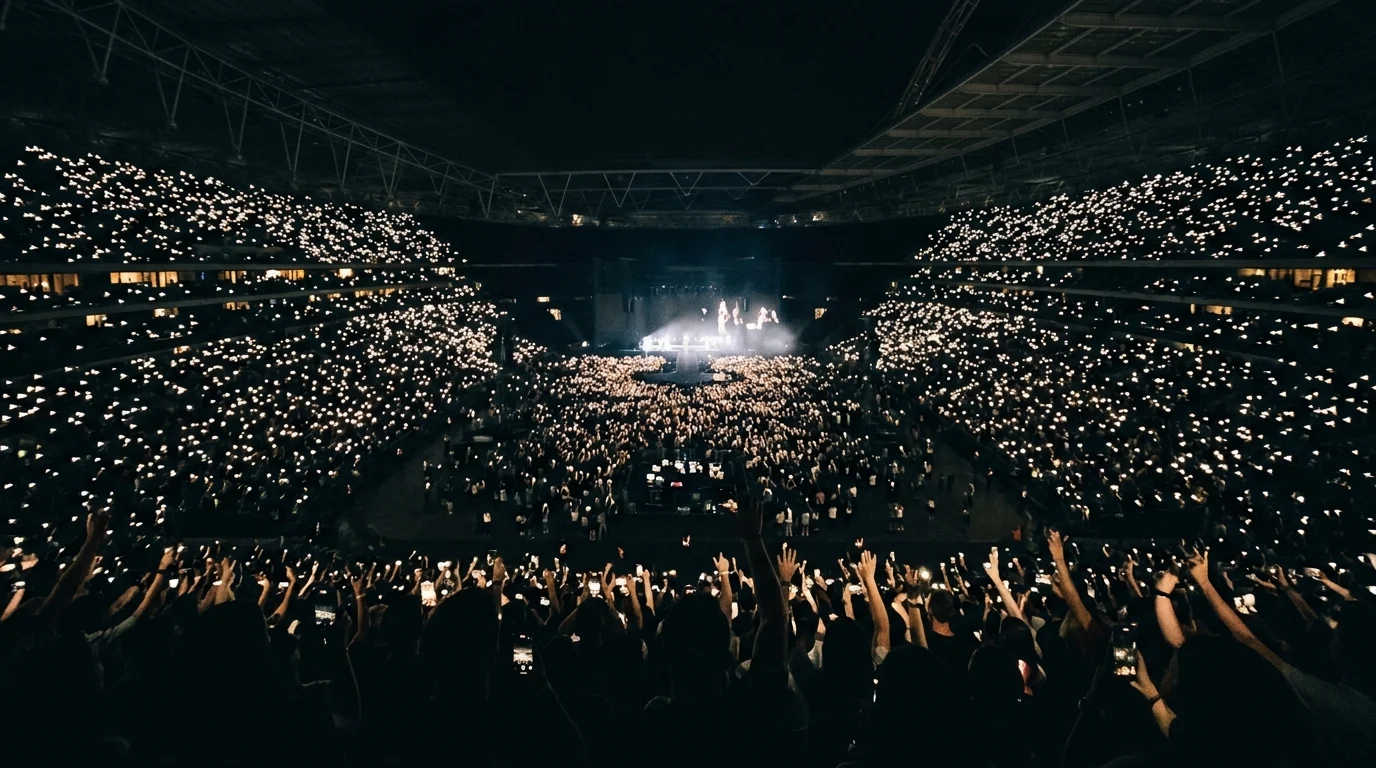 A wide view of a stadium filled with small lights from an audience at night.