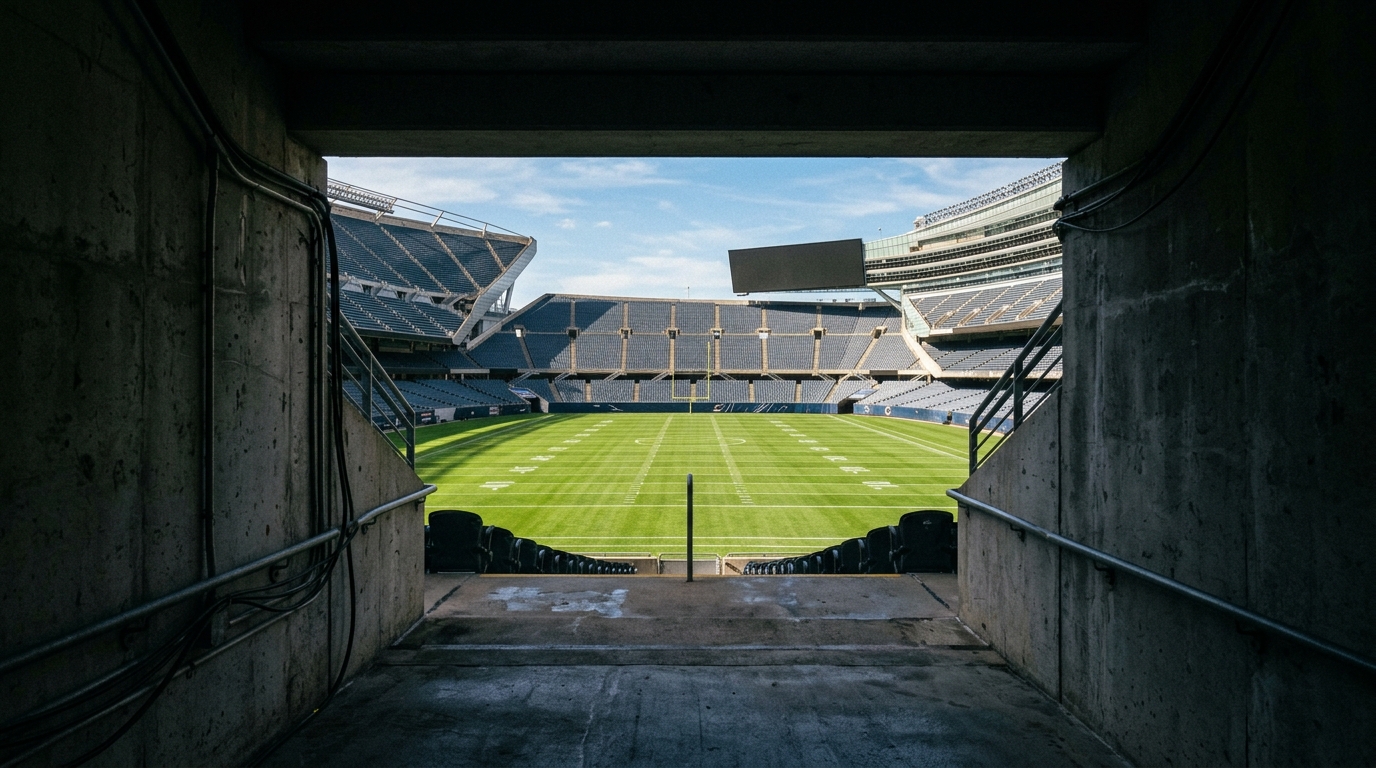 A view of a bright football field from a stadium tunnel.