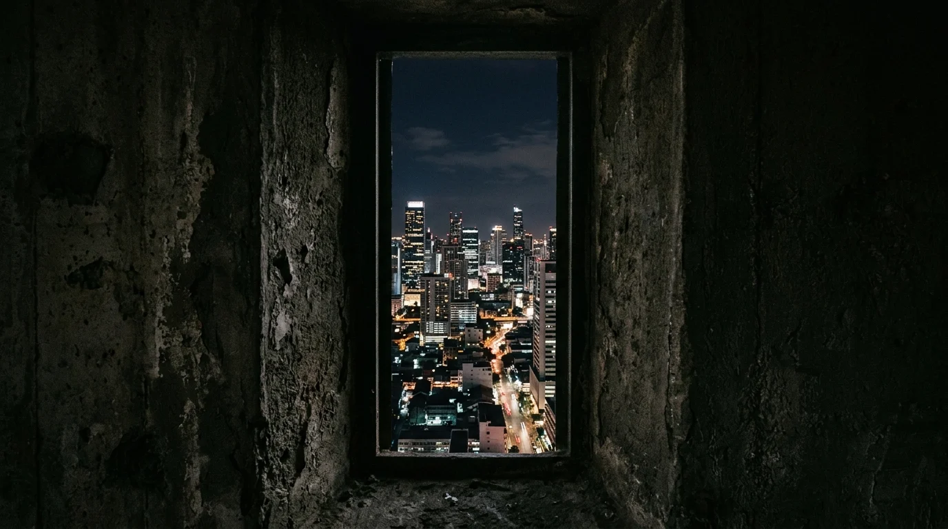 A view of city lights through a prison window slit.