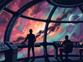 A conceptual silhouette of a classic starship bridge looking out into deep space.