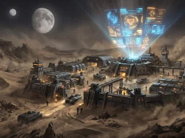 A conceptual sci-fi desert planet with a futuristic military outpost and holographic propaganda.