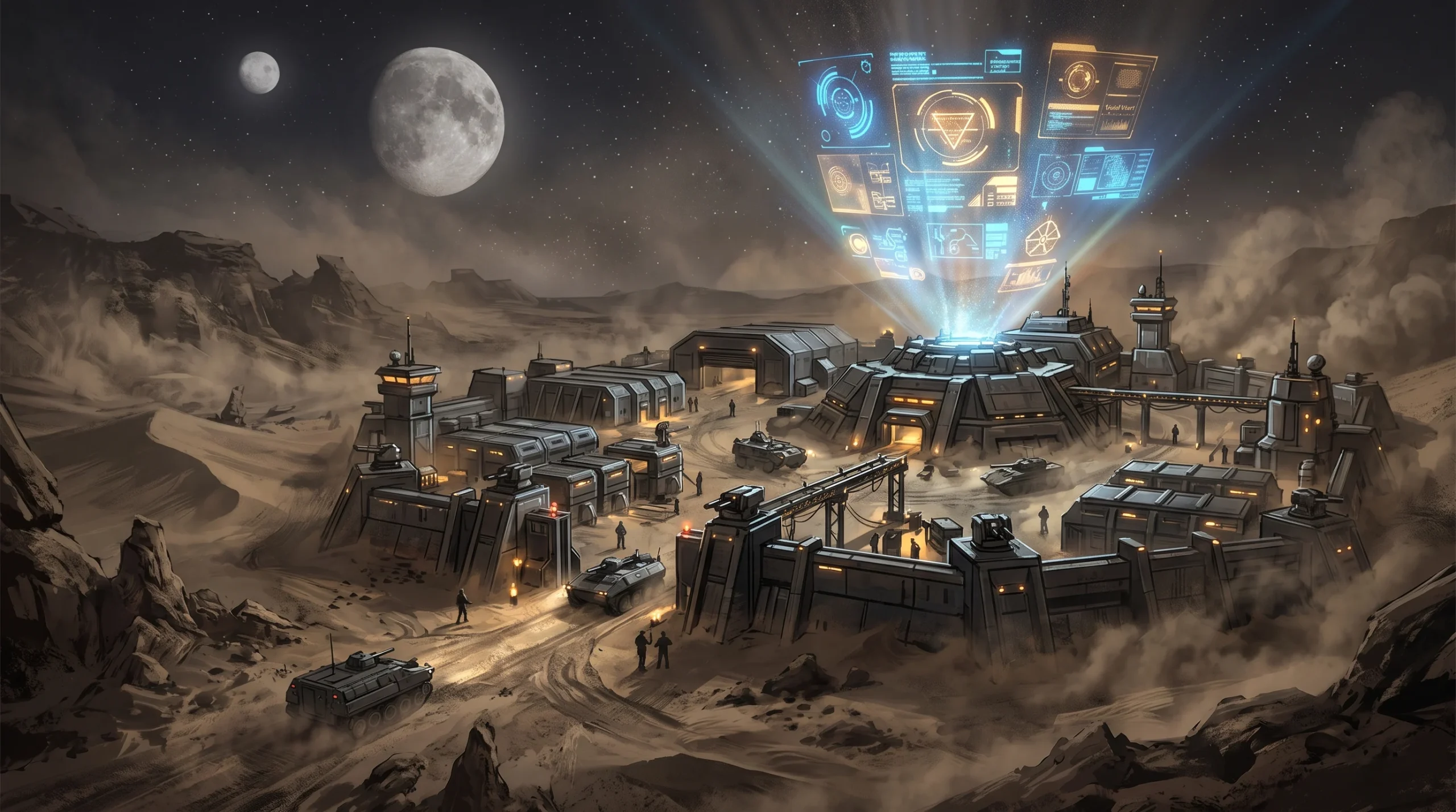 starcraft-conceptual-outpost A conceptual sci-fi desert planet with a futuristic military outpost and holographic propaganda.