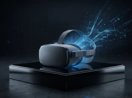 Conceptual rendering of a high-end standalone VR headset on a pedestal