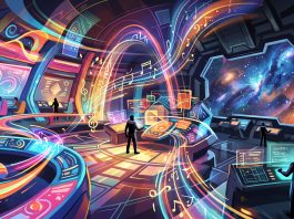 Conceptual abstract art of a starship bridge with multi-genre stylistic layers.