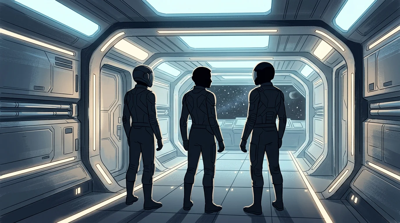 Conceptual silhouettes of two starship crew members in a corridor.