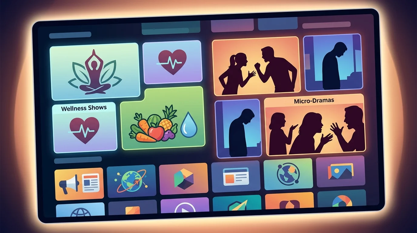 A conceptual digital interface showing various content categories like wellness and micro-dramas.