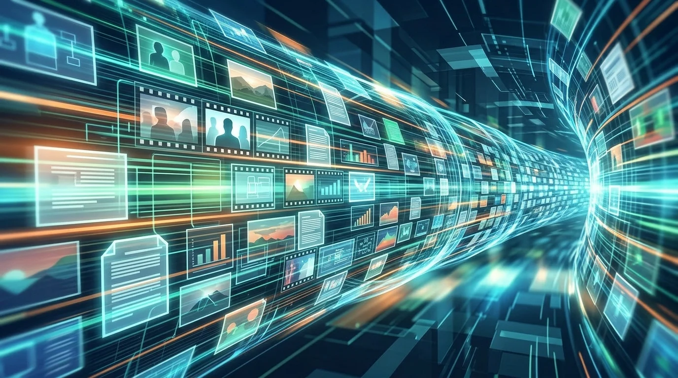 Abstract digital content pipeline with glowing film frames.