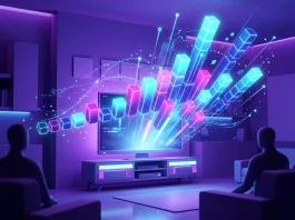 Abstract 3D bar graphs rising from a television screen representing streaming growth.