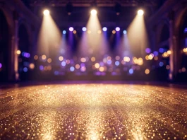 Three spotlights shining on a glittery ballroom dance floor.