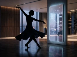A conceptual representation of a dancer and an AI smart mirror system.