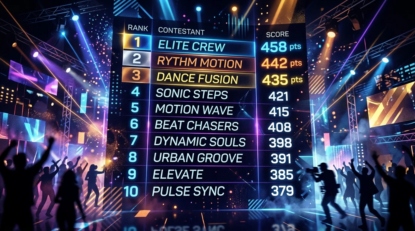 A conceptual leaderboard with high scores in a television studio setting.