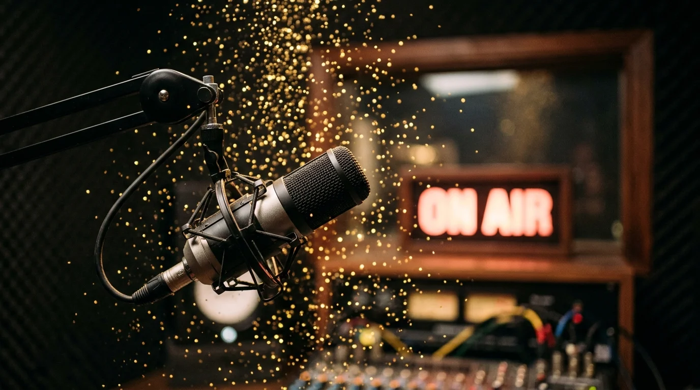 A professional microphone in a glittery studio setting.