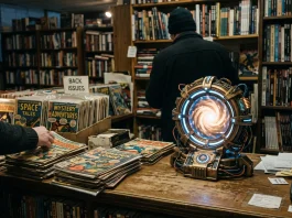 A conceptual depiction of a comic book shop counter with a glowing sci-fi device.