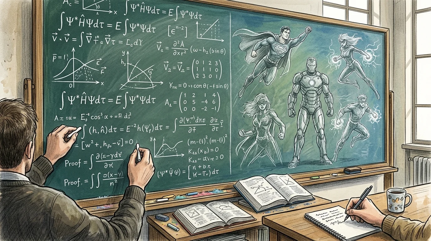A chalkboard with physics equations and comic book sketches.