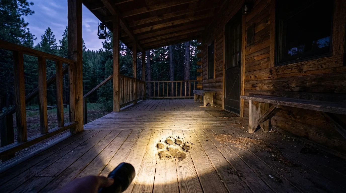 A dark summer camp cabin porch at night.