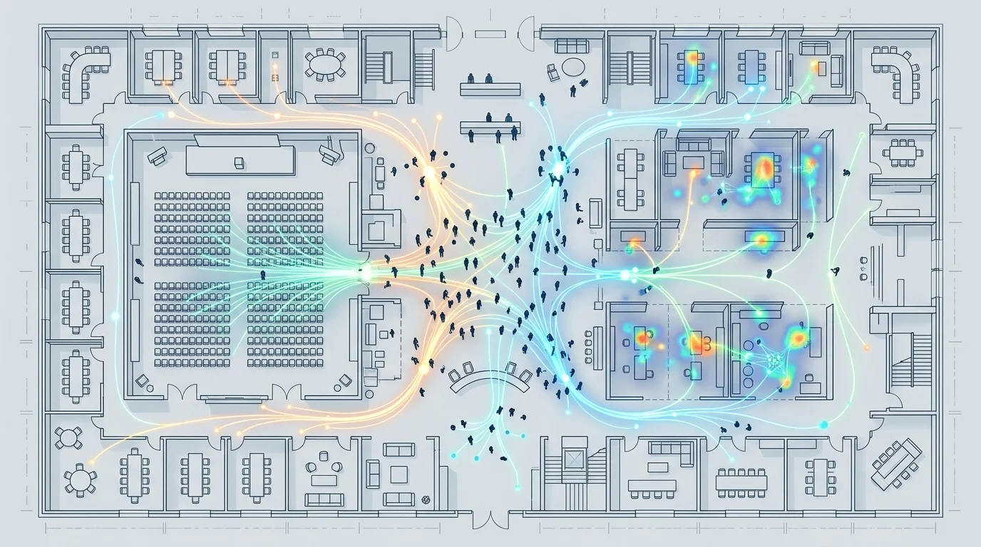Conceptual digital representation of a conference floor plan.