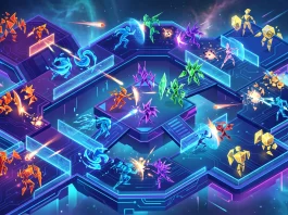 A conceptual depiction of a massive multiplayer battle royale in a floating digital arena.