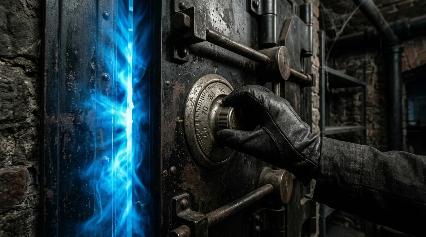 A safe dial with supernatural blue light coming from the seams.