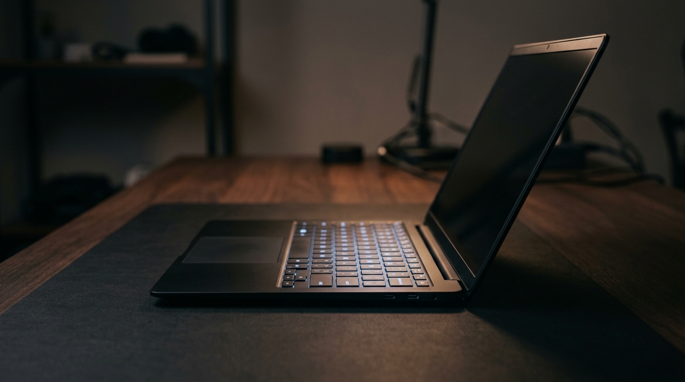 A sleek professional laptop silhouette on a dark background.