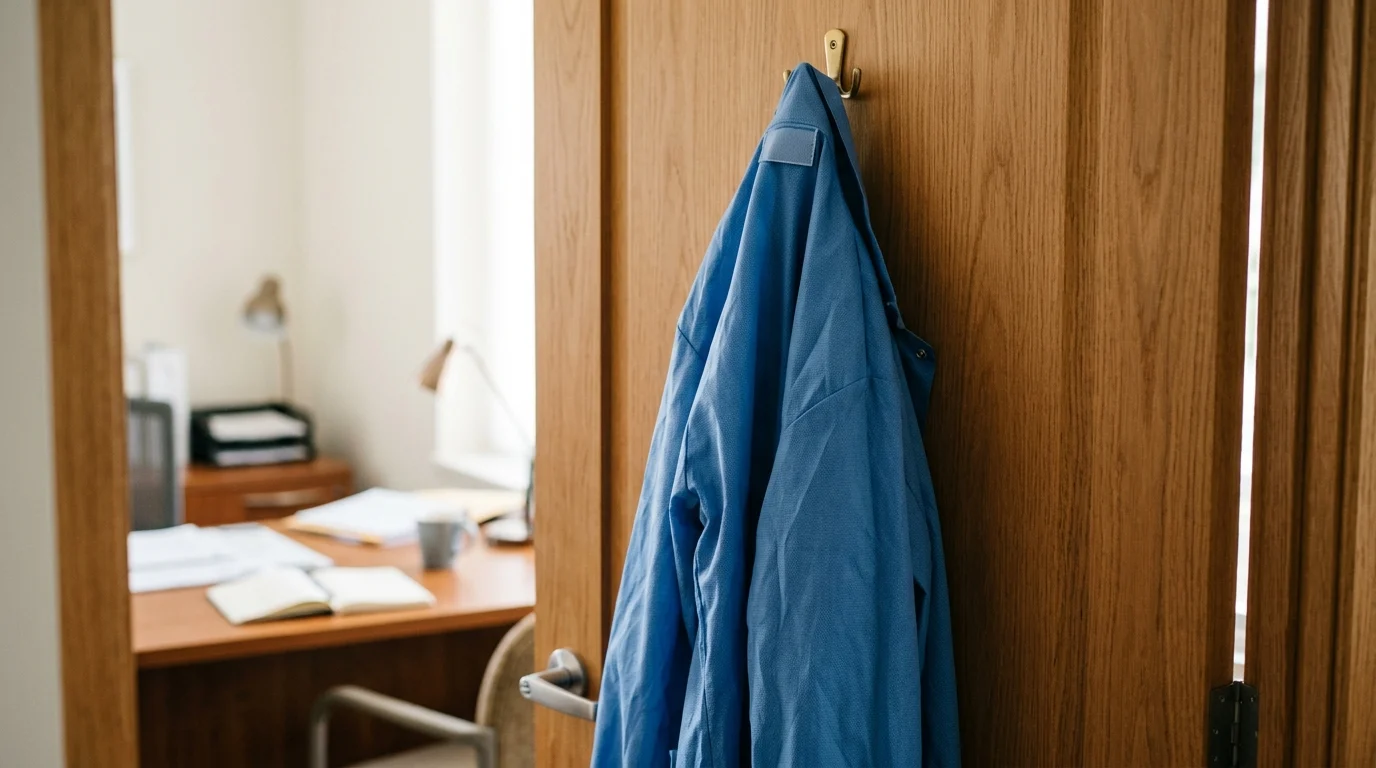 A surgical lab coat hanging on an office door.