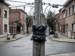 A utility pole with a piece of equipment covered by a black trash bag on a suburban street.