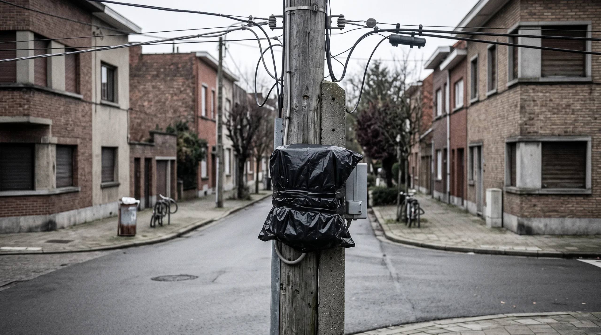 surveillance-hardware-covered A utility pole with a piece of equipment covered by a black trash bag on a suburban street.
