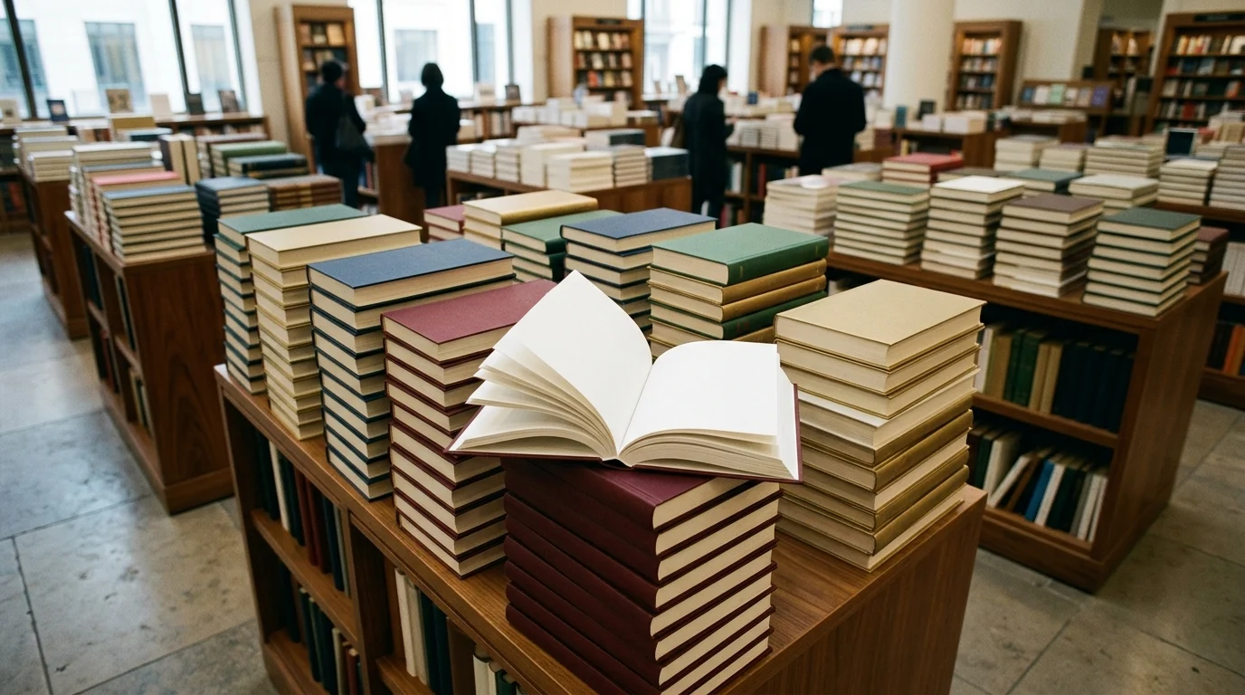 Stacks of new books in a bookstore setting.