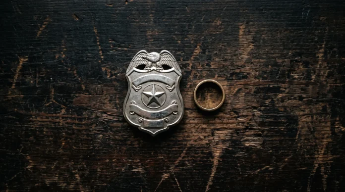 A silver police badge and a wedding ring on a dark wooden surface.