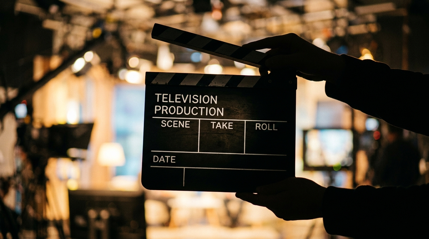 A production clapperboard silhouetted against light.