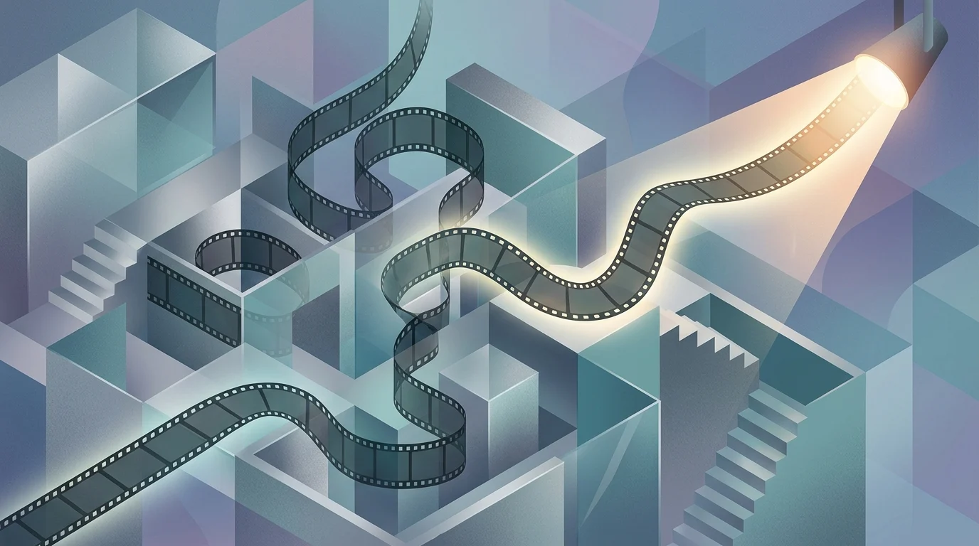 Abstract film strip in a maze-like structure.