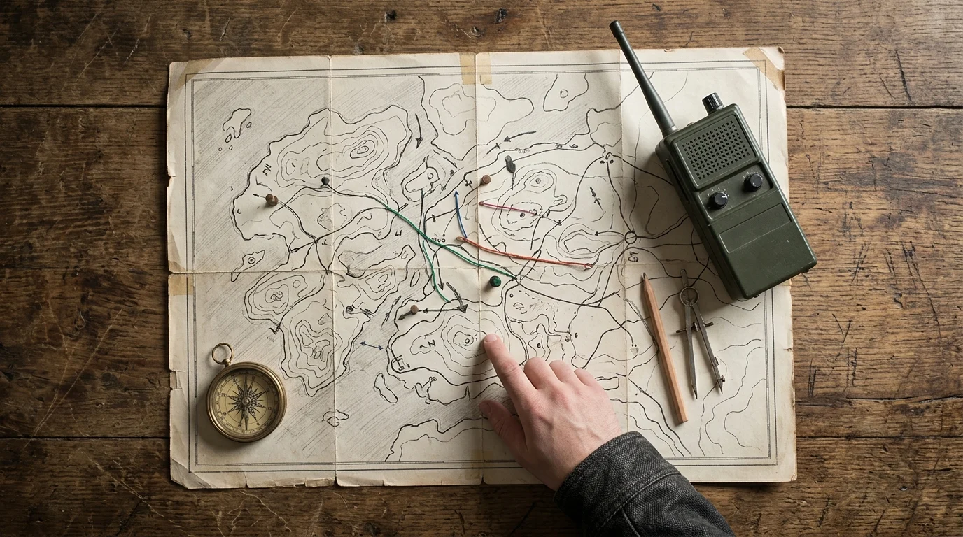 A tactical map and radio equipment suggesting a remote survivalist setting.