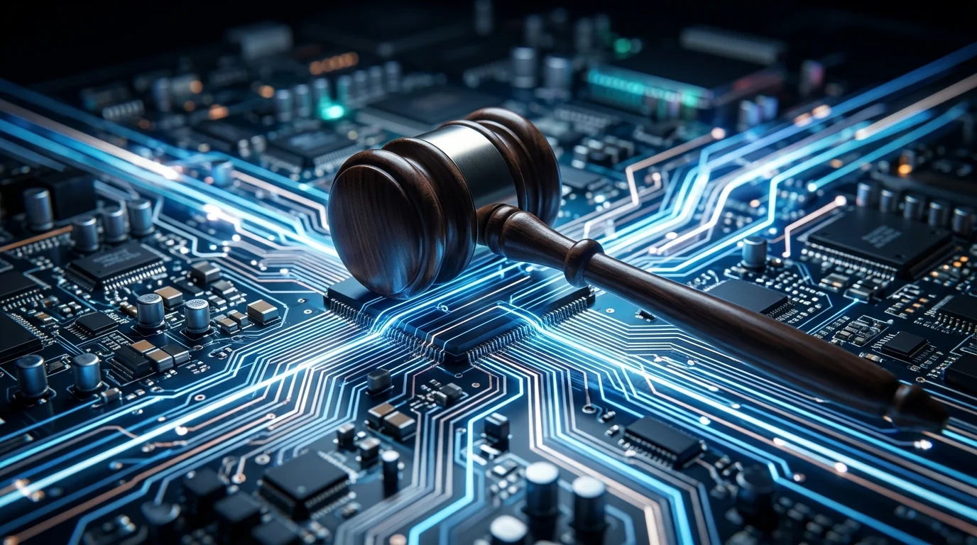 A gavel on a digital circuit board representing tech litigation.