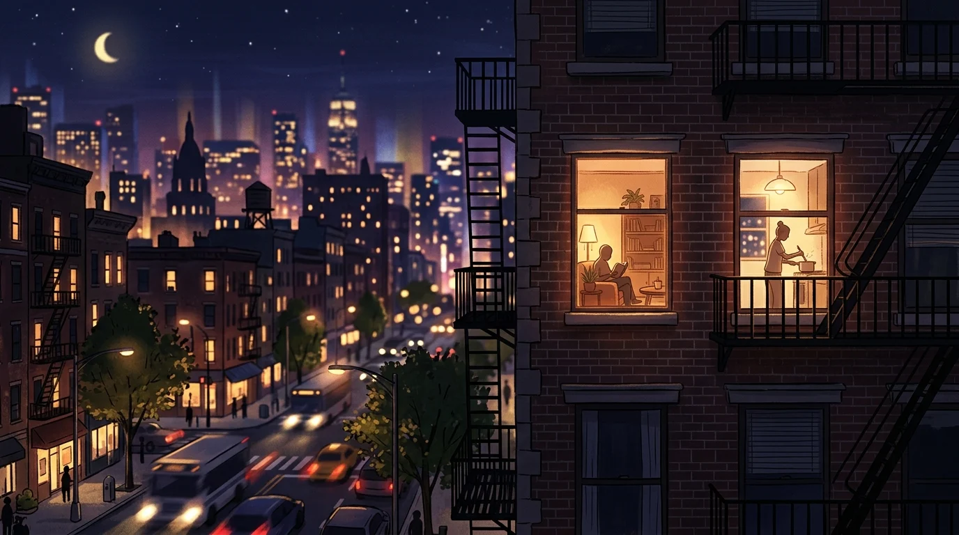 An artistic rendering of two neighboring apartment windows at night.