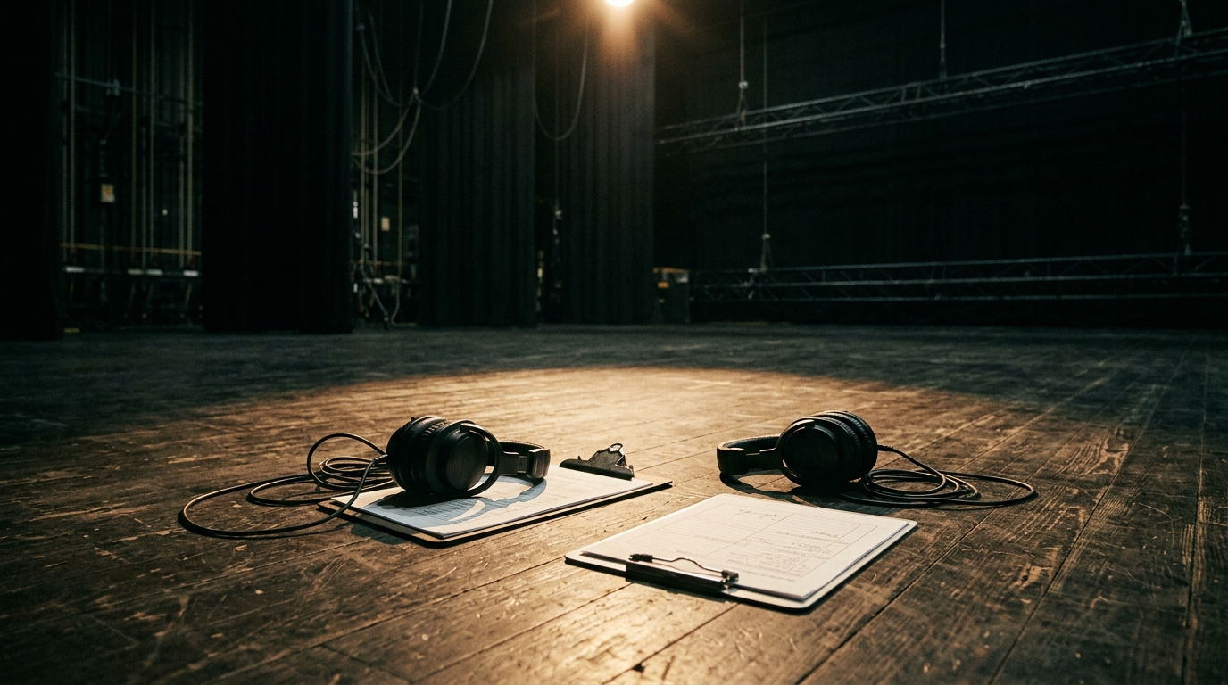 Professional television crew equipment resting on a stage floor under a spotlight.