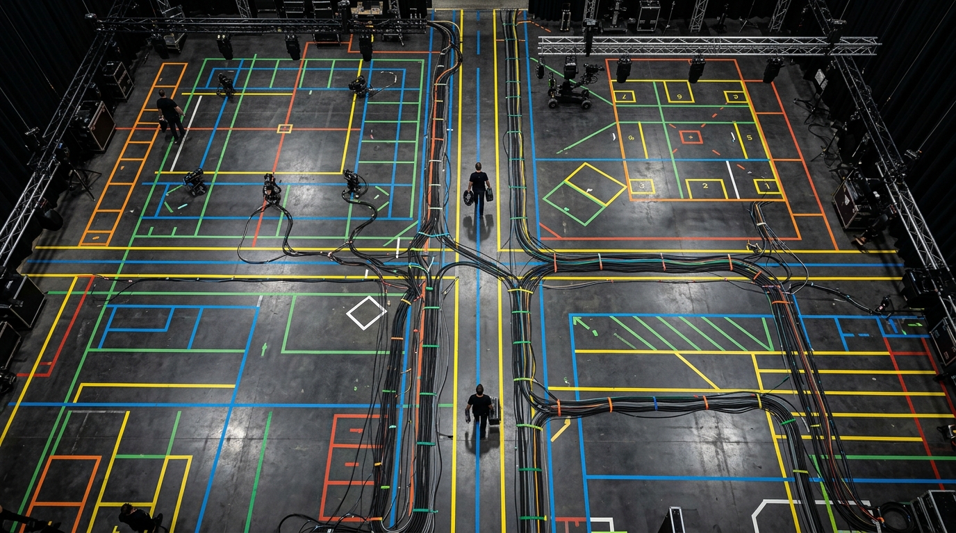 Abstract studio floor cables and markings