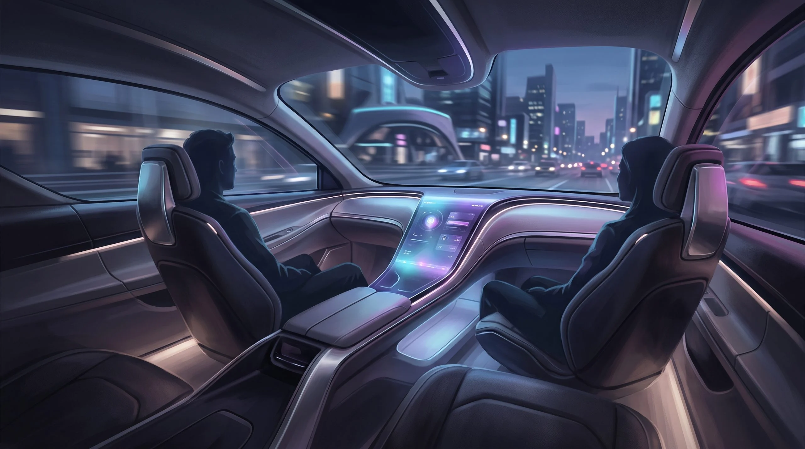 tesla-cybercab-interior-concept A futuristic two-seater vehicle interior without a steering wheel or pedals.