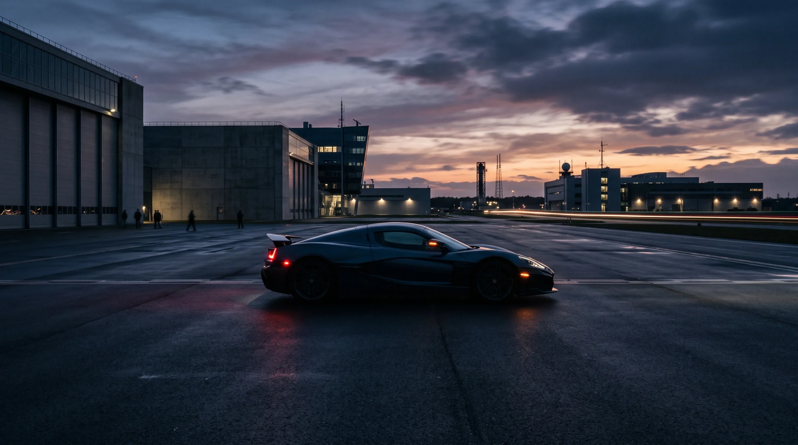 tesla-roadster-production-concept Conceptual image of a high-performance electric sports car near an aerospace facility.