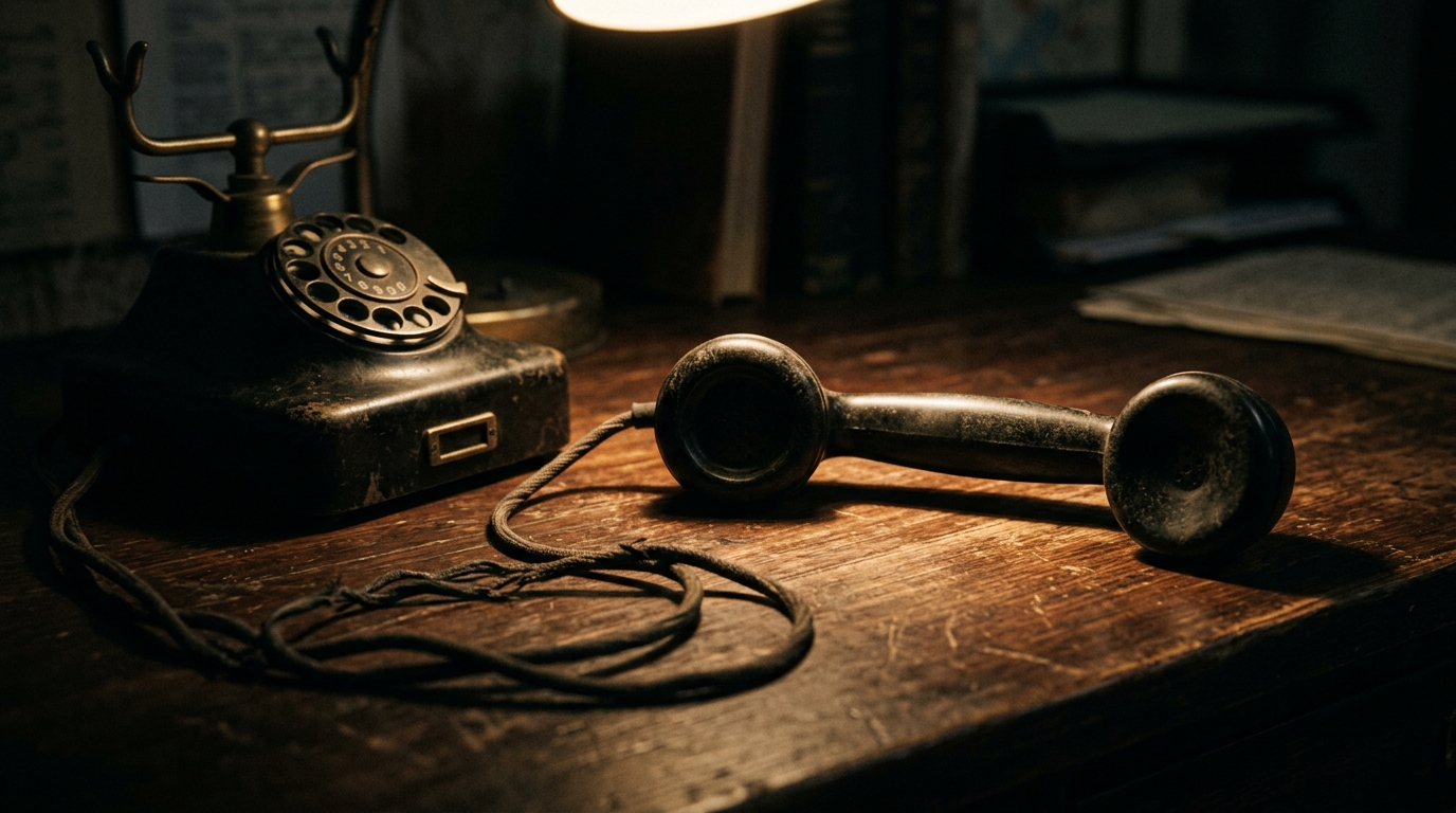 A telephone receiver off the hook on a desk.