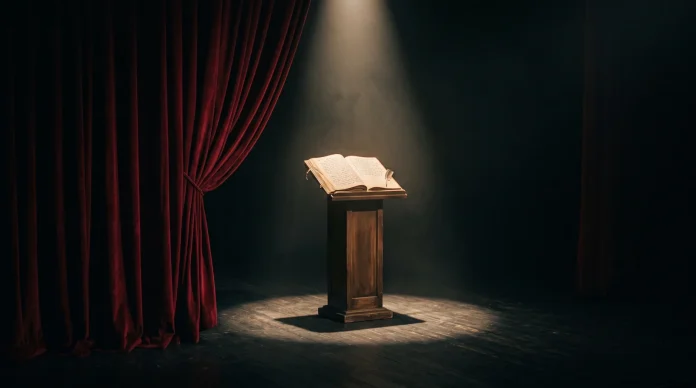An open book on a pedestal under a spotlight on a dark theater stage.