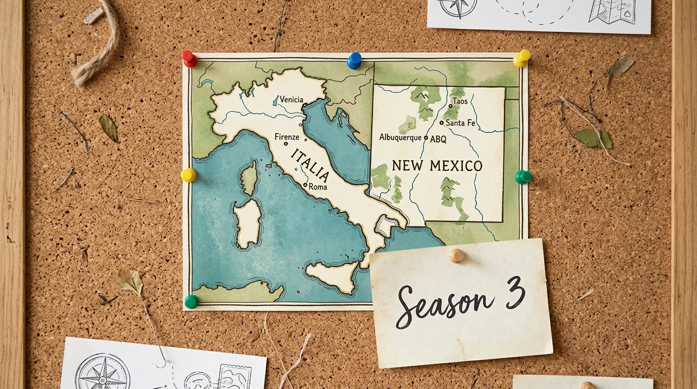 A travel map with a season 3 note attached to a corkboard.