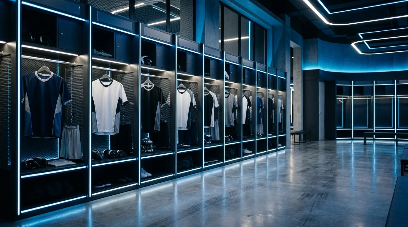 A high-tech professional football locker room.