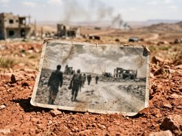A weathered photograph lying in the dirt of a desert landscape.