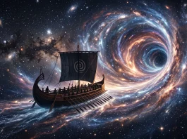 A conceptual depiction of an ancient Greek ship navigating a cosmic sea.