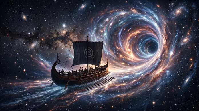 A conceptual depiction of an ancient Greek ship navigating a cosmic sea.