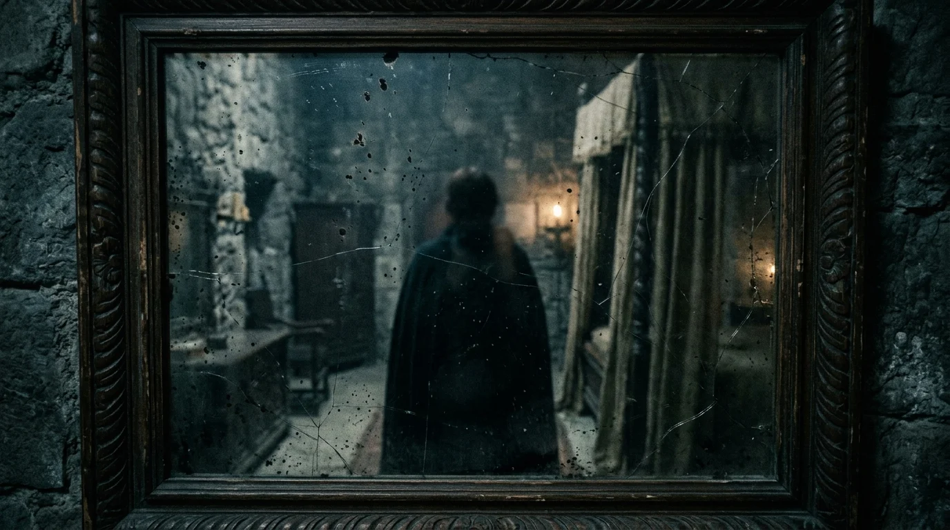 A first-person view of a dark room with a cracked mirror reflecting a shadow.