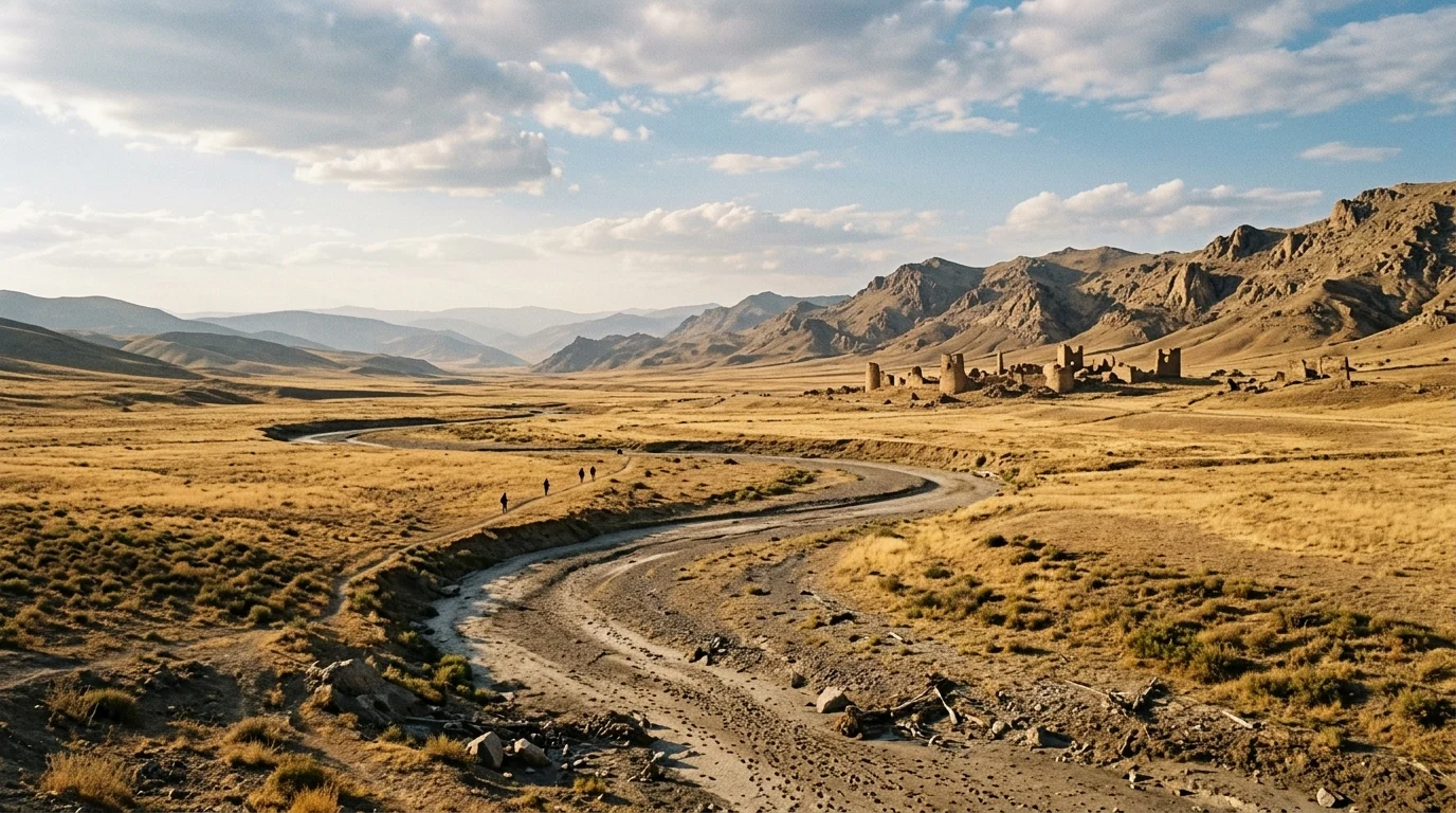 A vast, arid medieval landscape with distant stone towers.